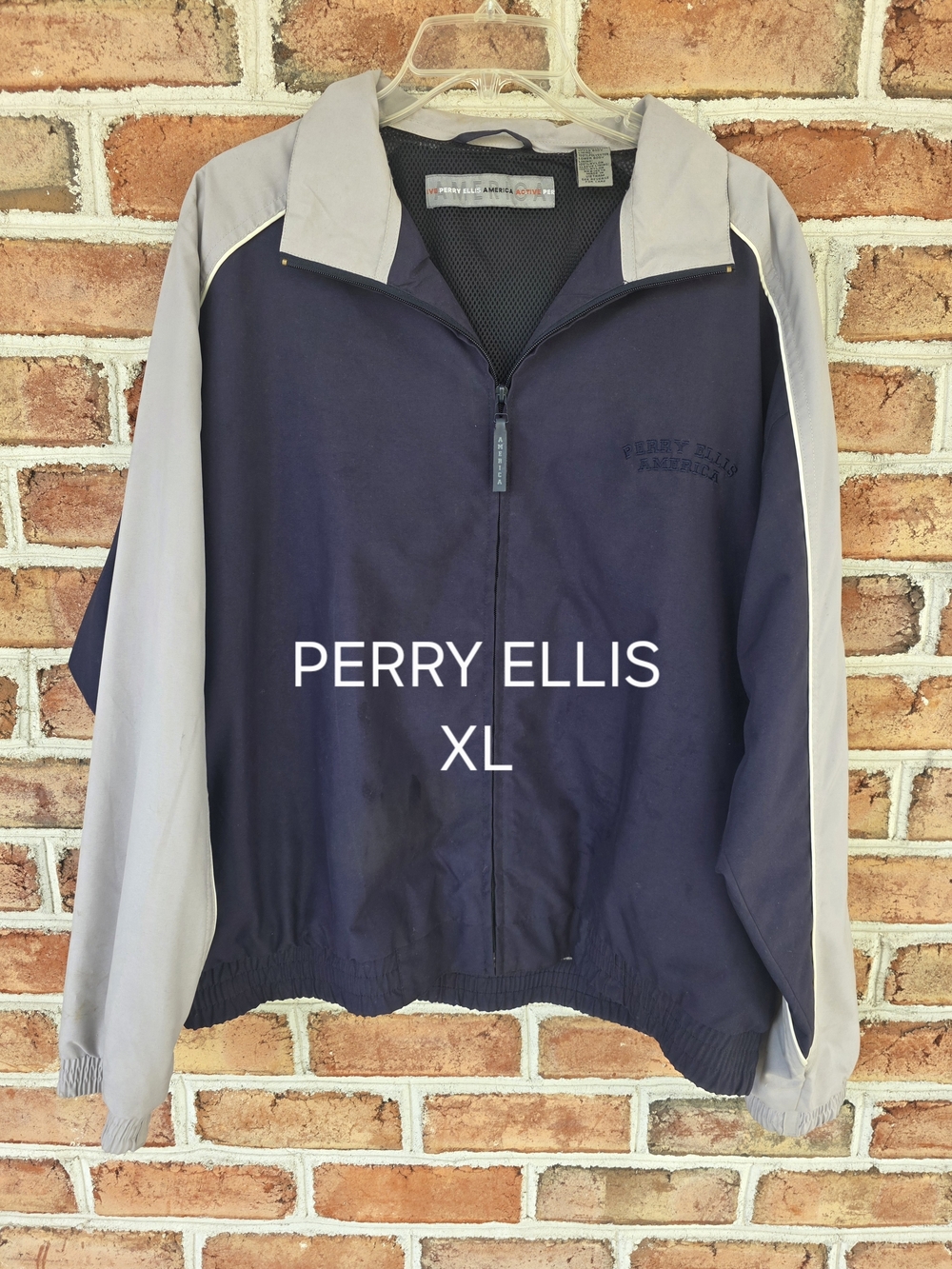 Perry Ellis Navy Jacket with Light Gray Sleeves - Lightweight Zip-Front